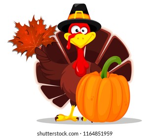 Happy Thanksgiving, greeting card, poster or flyer for holiday. Thanksgiving turkey holding maple leaves. Vector illustration on white background