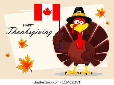 Happy Thanksgiving, greeting card, poster or flyer for holiday. Thanksgiving turkey holding Canadian flag. Vector illustration on abstract light background