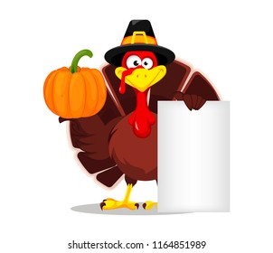 Happy Thanksgiving, greeting card, poster or flyer for holiday. Thanksgiving turkey holding blank banner and pumpkin. Vector illustration on white background