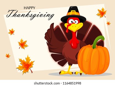 Happy Thanksgiving, greeting card, poster or flyer for holiday. Thanksgiving turkey standing near pumpkin. Vector illustration on abstract light background