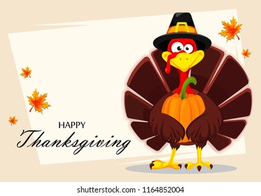 Happy Thanksgiving, greeting card, poster or flyer for holiday. Thanksgiving turkey holding pumpkin with both wings. Vector illustration on abstract light background