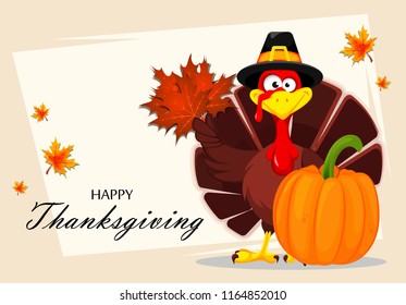 Happy Thanksgiving, greeting card, poster or flyer for holiday. Thanksgiving turkey holding maple leaves. Vector illustration on abstract light background