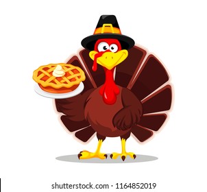 Happy Thanksgiving, greeting card, poster or flyer for holiday. Thanksgiving turkey holding tasty pie. Vector illustration on white background