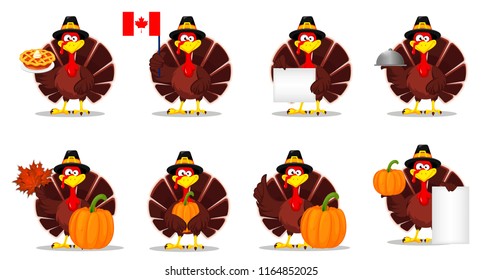 Happy Thanksgiving, greeting card, poster or flyer for holiday. Thanksgiving turkey, set of eight poses. Vector illustration on white background