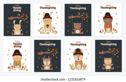 Happy Thanksgiving, greeting card, poster or flyer for holiday. Collection of funny animals holding delicious gift. Doodle illustration. Autumn holiday, baby shower, birthday, children's party
