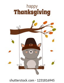 Happy Thanksgiving, greeting card, poster or flyer for holiday. Funny cat on a swing. Doodle illustration. Autumn holiday, baby shower, birthday, children's party


