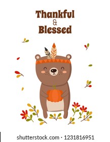 Happy Thanksgiving, greeting card, poster or flyer for holiday. Funny bear holding delicious gift. Doodle illustration. Autumn holiday, baby shower, birthday, children's party


