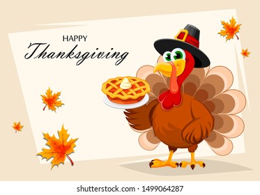 Happy Thanksgiving, greeting card, poster or flyer for holiday. Thanksgiving turkey holding pumpkin pie. Vector illustration with maple leaves on background