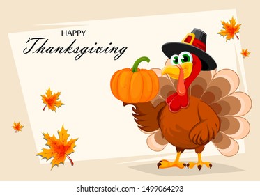 Happy Thanksgiving, greeting card, poster or flyer for holiday. Thanksgiving turkey holding pumpkin on one wing. Vector illustration with maple leaves on background