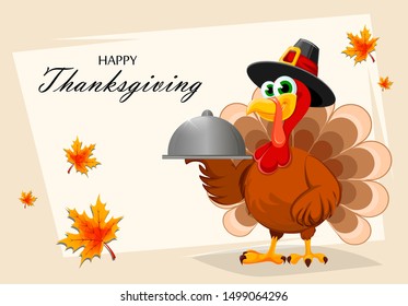 Happy Thanksgiving, greeting card, poster or flyer for holiday. Thanksgiving turkey holding restaurant cloche. Vector illustration with maple leaves on background