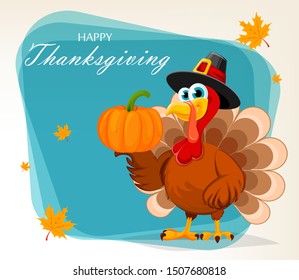 Happy Thanksgiving, greeting card, poster or flyer for holiday. Thanksgiving turkey holding pumpkin on one wing. Vector illustration