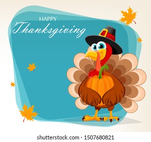 Happy Thanksgiving, greeting card, poster or flyer for holiday. Thanksgiving turkey holding pumpkin. Vector illustration