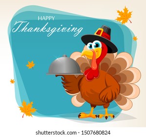 Happy Thanksgiving, greeting card, poster or flyer for holiday. Thanksgiving turkey holding restaurant cloche. Vector illustration