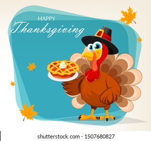 Happy Thanksgiving, greeting card, poster or flyer for holiday. Thanksgiving turkey holding pumpkin pie. Vector illustration