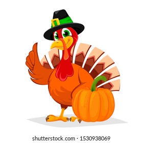 Happy Thanksgiving, greeting card, poster or flyer for holiday. Thanksgiving turkey standing near big pumpkin. Vector illustration with maple leaves on background