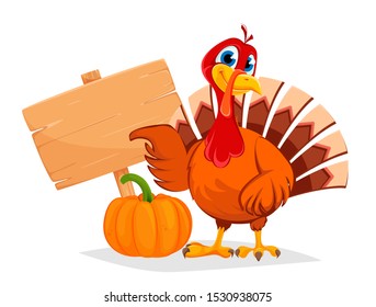 Happy Thanksgiving, greeting card, poster or flyer for holiday. Thanksgiving turkey pointing on wooden blank sign. Vector illustration with maple leaves on background