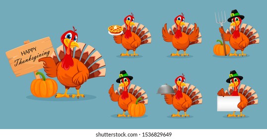 Feliz Día de Acción de Gracias, tarjeta de saludo, afiche o volante para vacaciones, conjunto de siete poses. Pavo de acción de gracias. Ilustración del vector sobre fondo azul