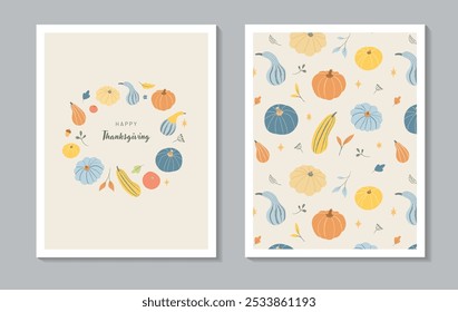 Happy Thanksgiving greeting card or poster template. Cozy vector illustration with pumpkins and autumn leaves. Round wreath with squashes and stars. Pattern on beige background