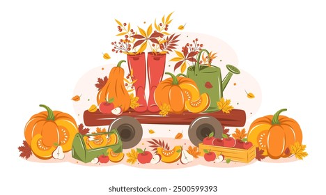 Happy thanksgiving greeting card. Pumpkin, wellies boots, watering can and autumn leaves. Vector illustration