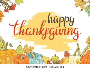 Happy Thanksgiving Greeting Card with Pumpkins, Apples and Autumn Foliage