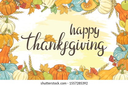 Happy Thanksgiving Greeting Card with Pumpkins, Apples and Autumn Foliage