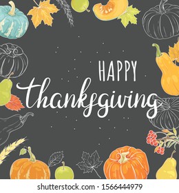  Happy Thanksgiving Greeting Card with Pumpkins, Apples, Pears and Autumn Foliage on a Dark Background