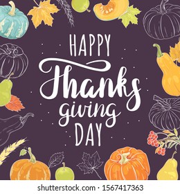  Happy Thanksgiving Greeting Card with Pumpkins, Apples, Pears and Autumn Foliage on a Dark Background
