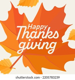 Happy Thanksgiving greeting card with red maple leaf on the background. Autumn poster. Banner Harvest. Yellow leaves