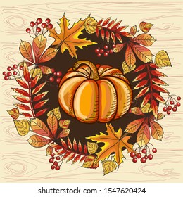 Happy Thanksgiving Greeting Card. Ripe pumpkin and autumn leaves. Vector image.