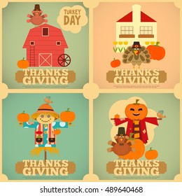 Happy Thanksgiving Greeting Card. Set of Vintage Turkey Day Mini Posters. Turkey, Scarecrow and Pumpkin.  Square Format. Vector illustration.