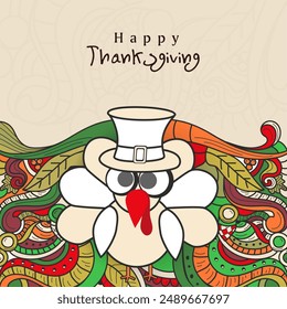 Happy Thanksgiving Grußkarte, Aufkleber-Design mit Cartoon Cute Turkey Bird auf Abstraktem Blumenhintergrund.