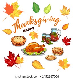Happy Thanksgiving. Greeting card with sweet pie, turkey, drink and bread on an autumnal background. Vector illustration