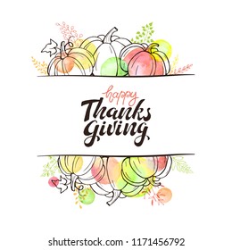 Happy Thanksgiving greeting card template. Autumn composition with hand drawn  pumkins and watercolor circles on white background. Thanksgiving banner.
