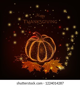 Happy Thanksgiving greeting card template with glowing low polygonal golden pumpkin, falling maple leaves, stars, text on brown background. Harvest festival. Futuristic wireframe vector illustration.