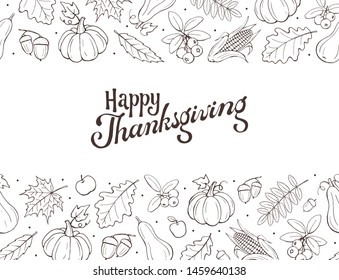 Happy Thanksgiving greeting card template. Autumn composition with hand drawn pumkins on light background. Thanksgiving banner.