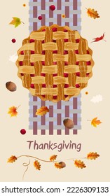 Happy Thanksgiving greeting card with traditional pie, on the background of maple and oak leaves and nuts