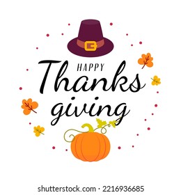 Happy Thanksgiving greeting card vector illustration. Typography with pumpkins and hat