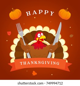 Happy Thanksgiving greeting card vector illustration, Turkey bird holding knife and fork on brown background