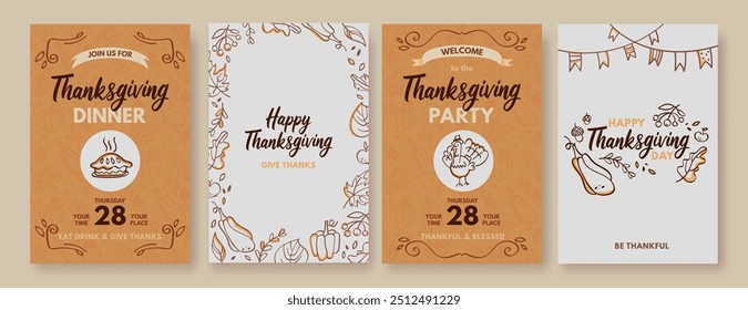 Happy Thanksgiving greeting cards, posters. Colorful vertical invitations for thanksgiving dinner, party. Vertical banners with cute doodle illustrations of pumpkins, pie, autumn leaves, turkey. 