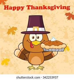 Happy Thanksgiving Greeting With Cute Pilgrim Turkey Bird Cartoon Character Waving. Vector Illustration Greeting Card