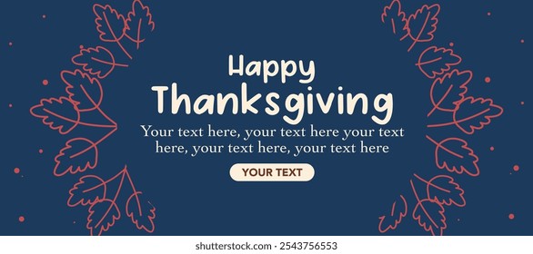 Happy thanksgiving greeting with leaves, copy space and minimal blue background for poster, invitation, card, flyer, cover, banner, social media, sale. Harvest vector illustration, Autumn fall season