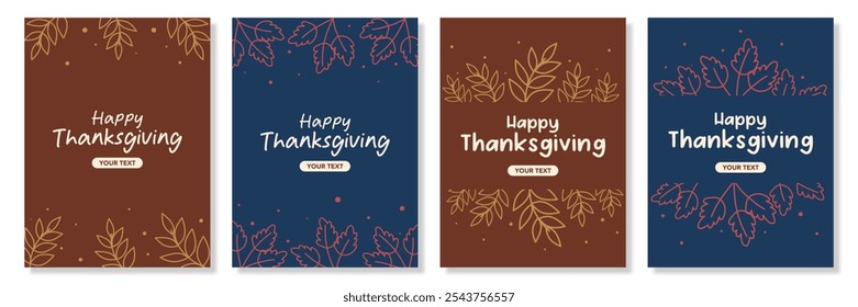 Happy thanksgiving greeting with plants, leaves, text and minimal background set for poster, invitation, card, flyer, cover, banner, social media, sale. Harvest vector illustration, Autumn fall season