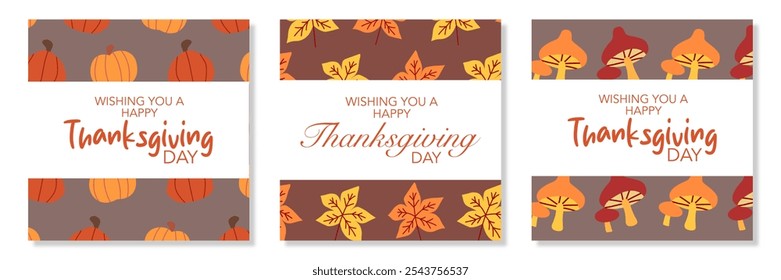 Happy thanksgiving greeting with pumpkins, leaves, and pattern background set for poster, invitation, card, flyer, cover, banner, social media, sale. Harvest vector illustration, Autumn fall season