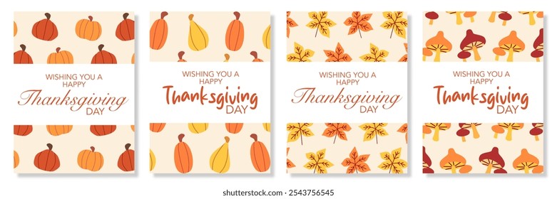 Happy thanksgiving greeting with pumpkins, leaves, and pattern background set for poster, invitation, card, flyer, cover, banner, social media, sale. Harvest vector illustration, Autumn fall season