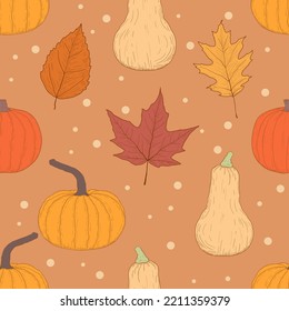 feliz saludo de acción de gracias con calabazas, calabaza de marihuana, hojas de arce o ilustración de vectores de hojas para el otoño de Acción de Gracias, festival de cosecha. Plantilla para afiches, pancartas, tarjetas