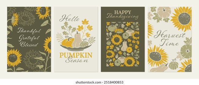 Happy Thanksgiving greetings card set. Holiday background with fall leaves, pumpkins and sunflowers. Autumn decorative posters with hand drawn illustration.