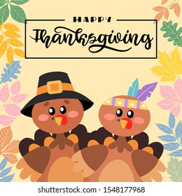 Happy Thanksgiving Greetings. A turkey with hand drawn lettering style. Decorated banner concept with autumn leaves. Vector design for greeting card, poster, flag, print.