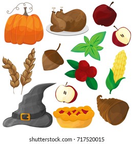Happy Thanksgiving and halloween cartoon character and objects
