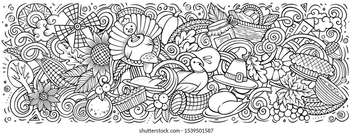 Happy Thanksgiving hand drawn cartoon doodles illustration. Holiday funny objects and elements poster design. Creative art background. Sketchy vector banner