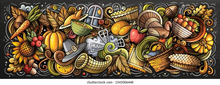 Happy Thanksgiving hand drawn cartoon doodles illustration. Holiday funny objects and elements poster design. Creative art background. Colorful vector banner